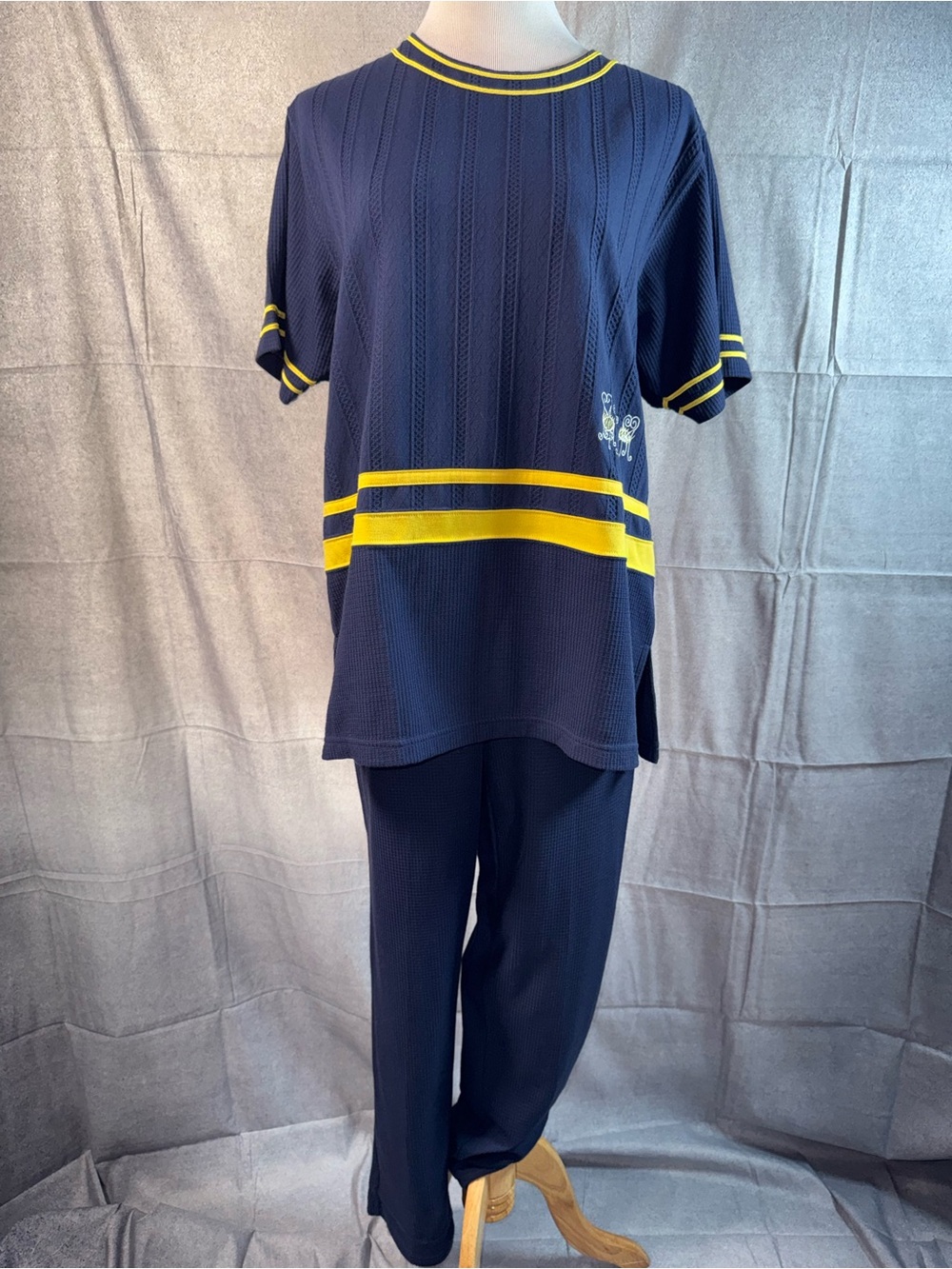 1257-Vintage BLAST Navy and Yellow Striped Two-Piece Pantsuit